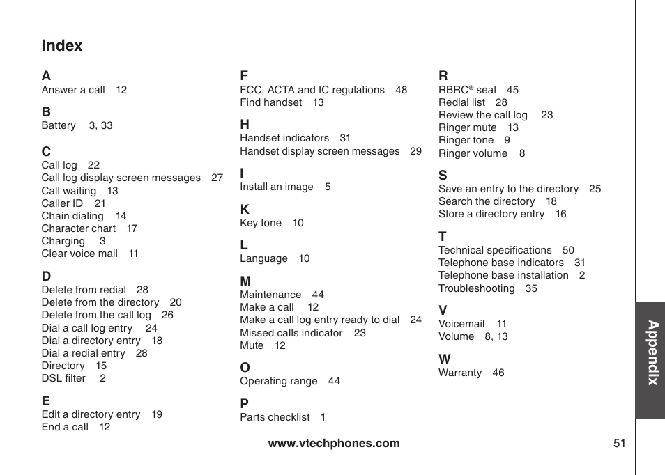 Index, Appendix | VTech LS6117-19 User Manual | Page 55 / 56