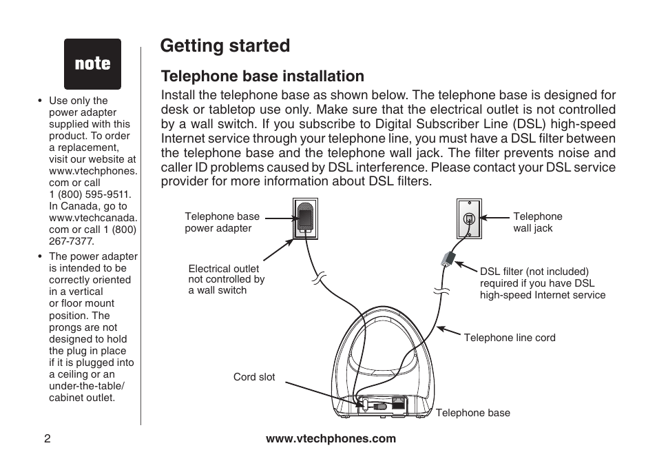 Telephone base nstallaton, Getting started, Telephone base installation | VTech LS6117-19 User Manual | Page 6 / 56