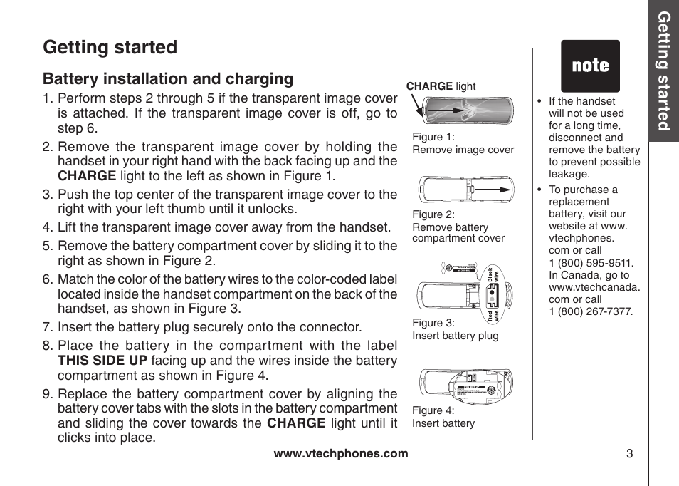 Battery nstallaton and chargng, Getting started, Gett in g s ta rte d | Battery installation and charging | VTech LS6117-19 User Manual | Page 7 / 56