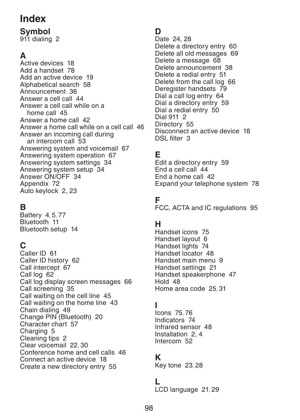 Index, Symbol | VTech LS6245 User Manual | Page 102 / 104