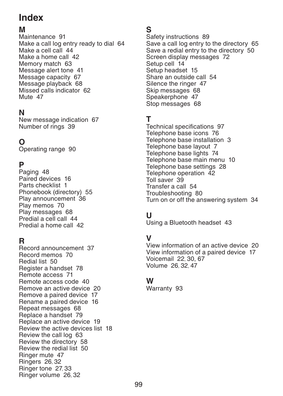 Index | VTech LS6245 User Manual | Page 103 / 104