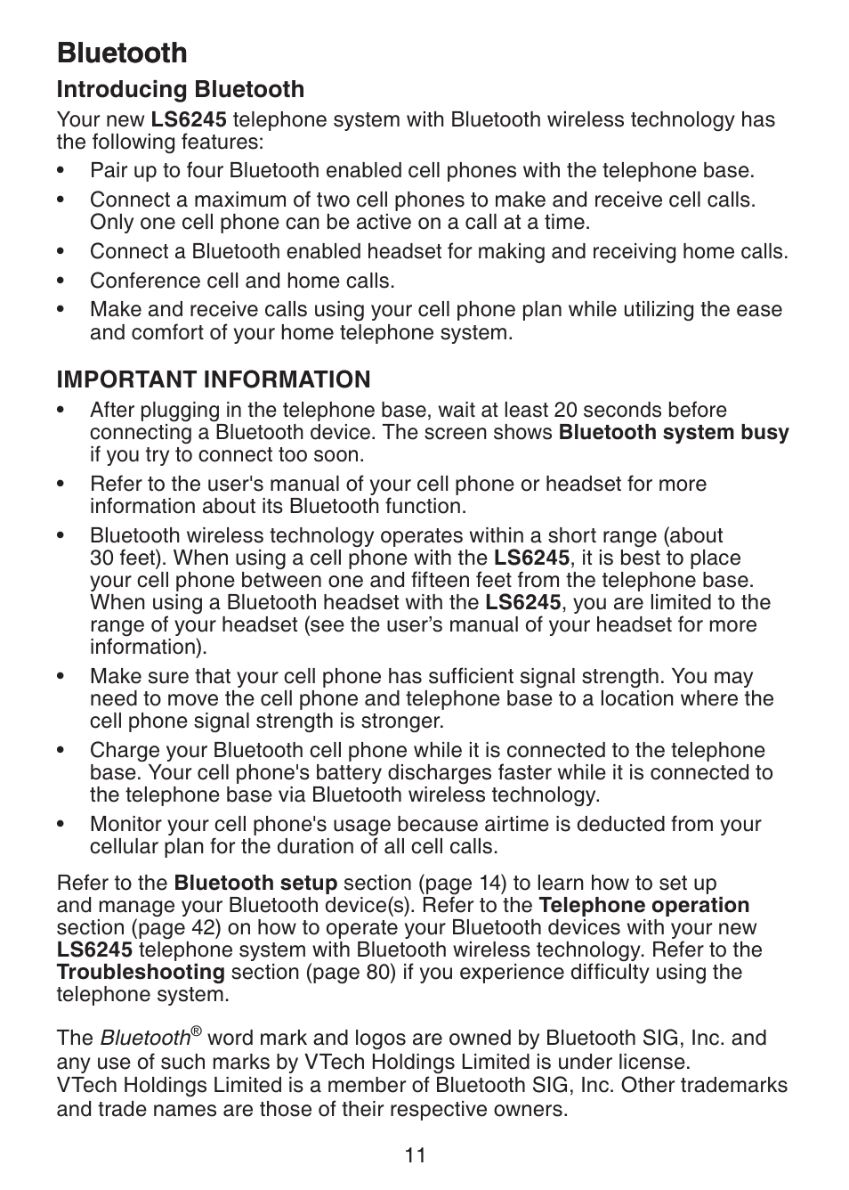 Bluetooth, Introducing bluetooth | VTech LS6245 User Manual | Page 15 / 104