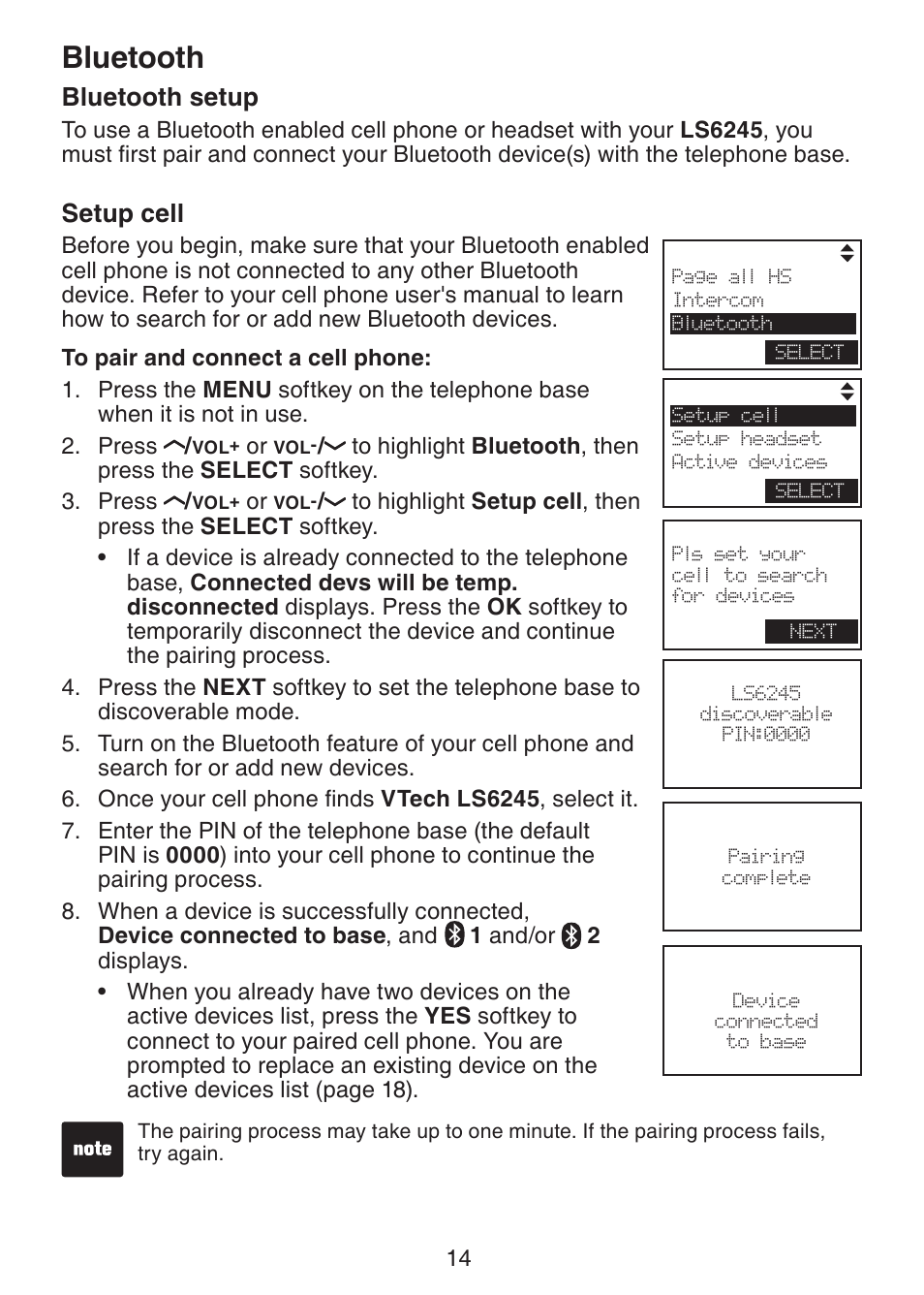 Bluetooth setup, Setup cell, Bluetooth | VTech LS6245 User Manual | Page 18 / 104