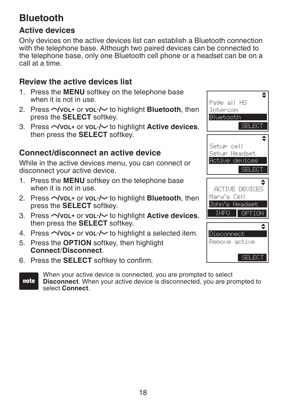 Active devices, Review the active devices list, Connect/disconnect an | Active device, Bluetooth, Connect/disconnect an active device | VTech LS6245 User Manual | Page 22 / 104