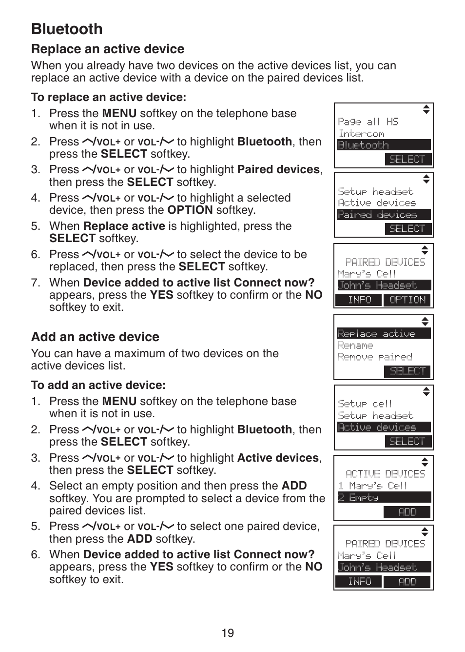 Replace an active device, Add an active device, Bluetooth | VTech LS6245 User Manual | Page 23 / 104