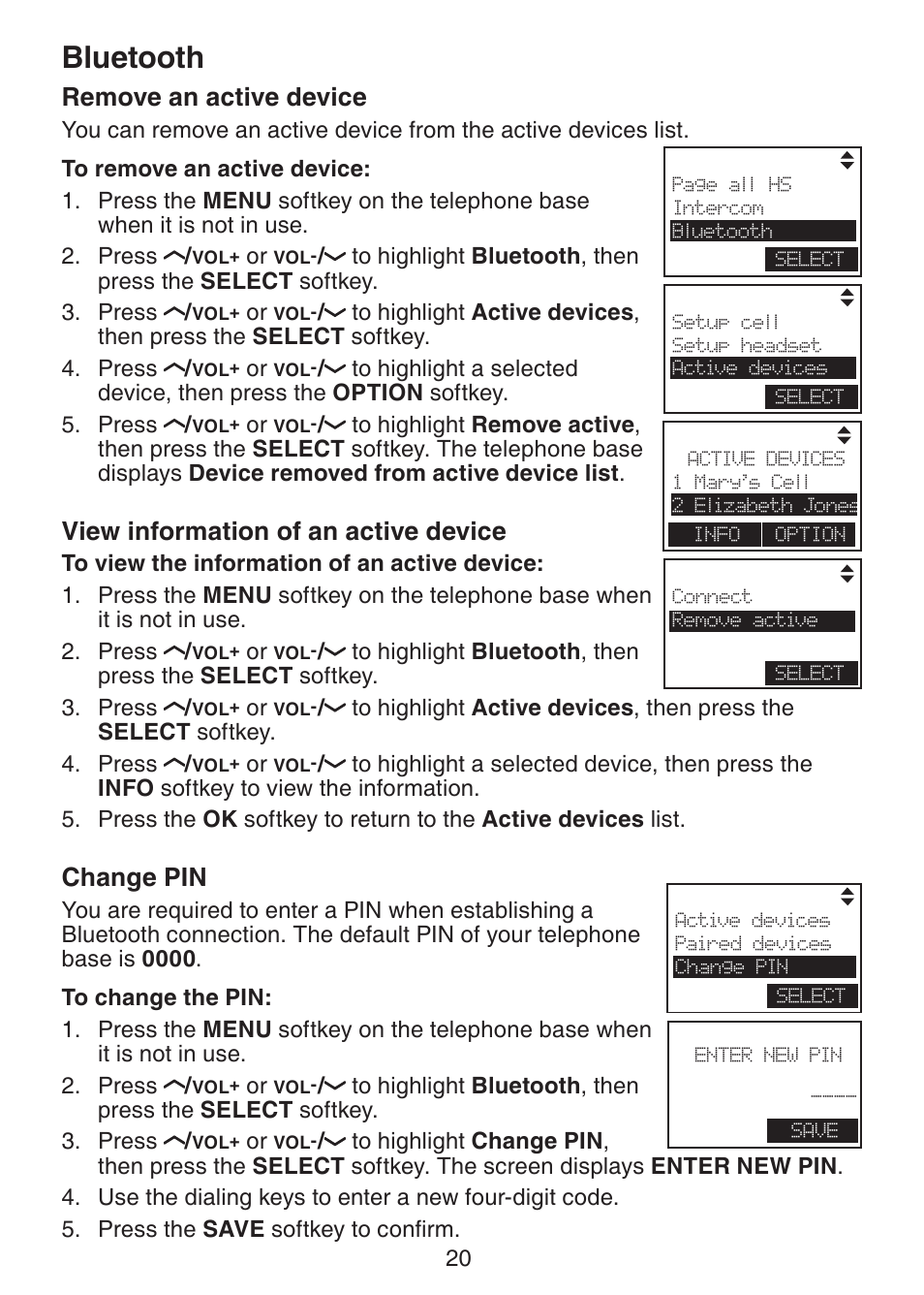 Remove an active device, View information of an, Active device | Change pin, Bluetooth, View information of an active device | VTech LS6245 User Manual | Page 24 / 104