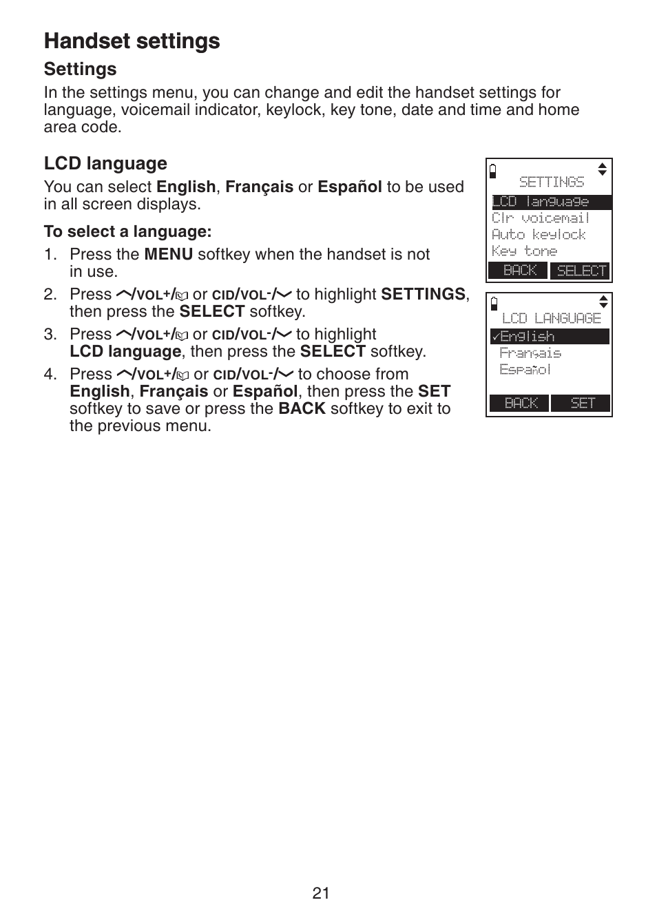 Handset settings settings, Lcd language, Handset settings | Settings | VTech LS6245 User Manual | Page 25 / 104