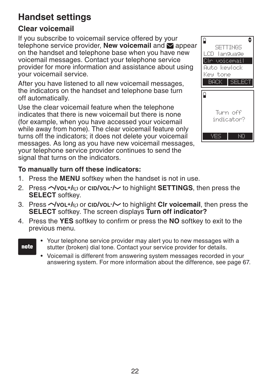 Clear voicemail, Handset settings | VTech LS6245 User Manual | Page 26 / 104