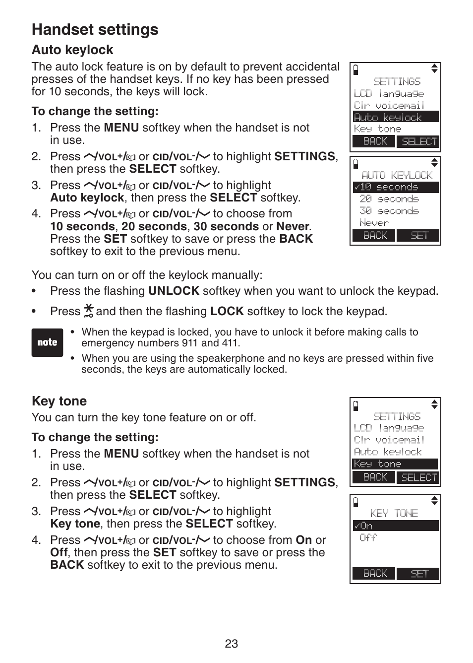 Auto keylock, Key tone, Handset settings | VTech LS6245 User Manual | Page 27 / 104