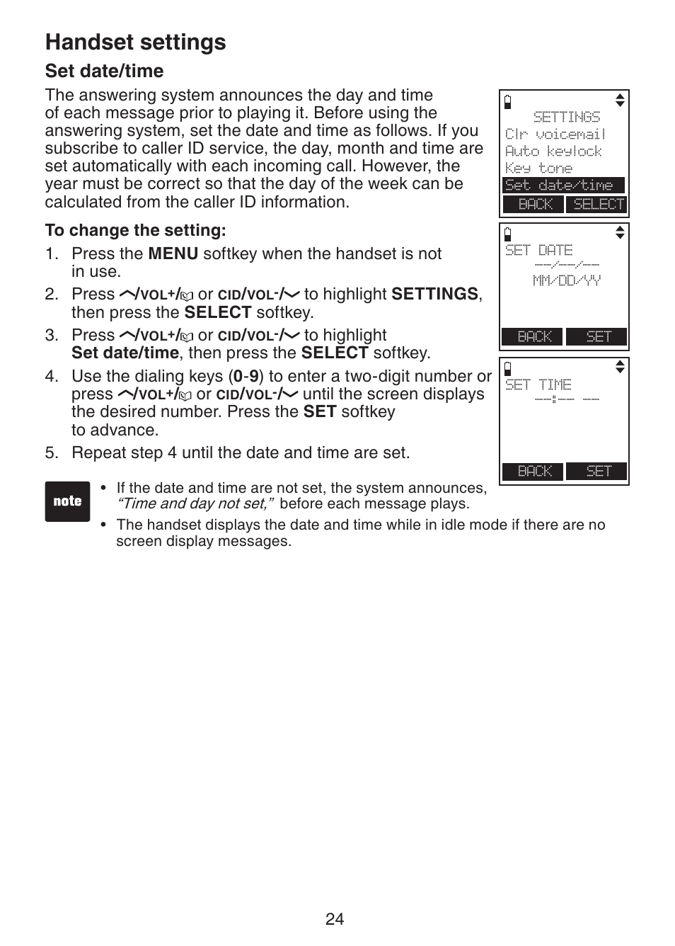 Set date/time, Handset settings | VTech LS6245 User Manual | Page 28 / 104