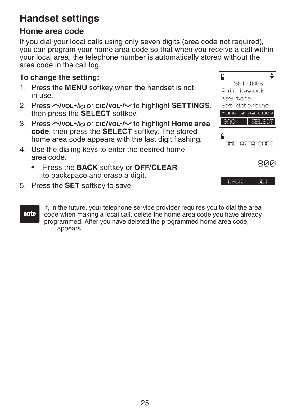 Home area code, Handset settings | VTech LS6245 User Manual | Page 29 / 104