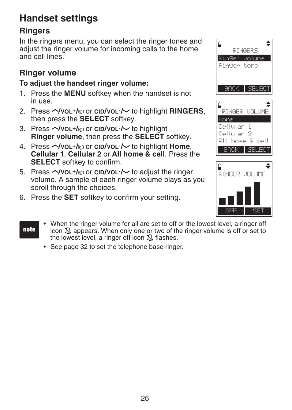 Ringers, Ringer volume, Handset settings | VTech LS6245 User Manual | Page 30 / 104