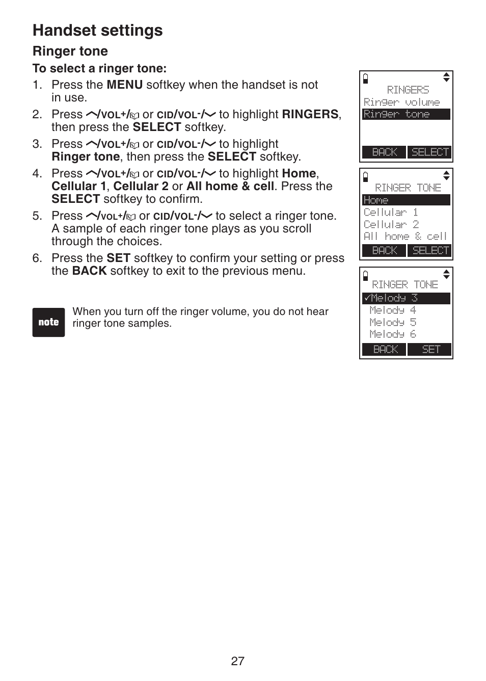 Ringer tone, Handset settings | VTech LS6245 User Manual | Page 31 / 104