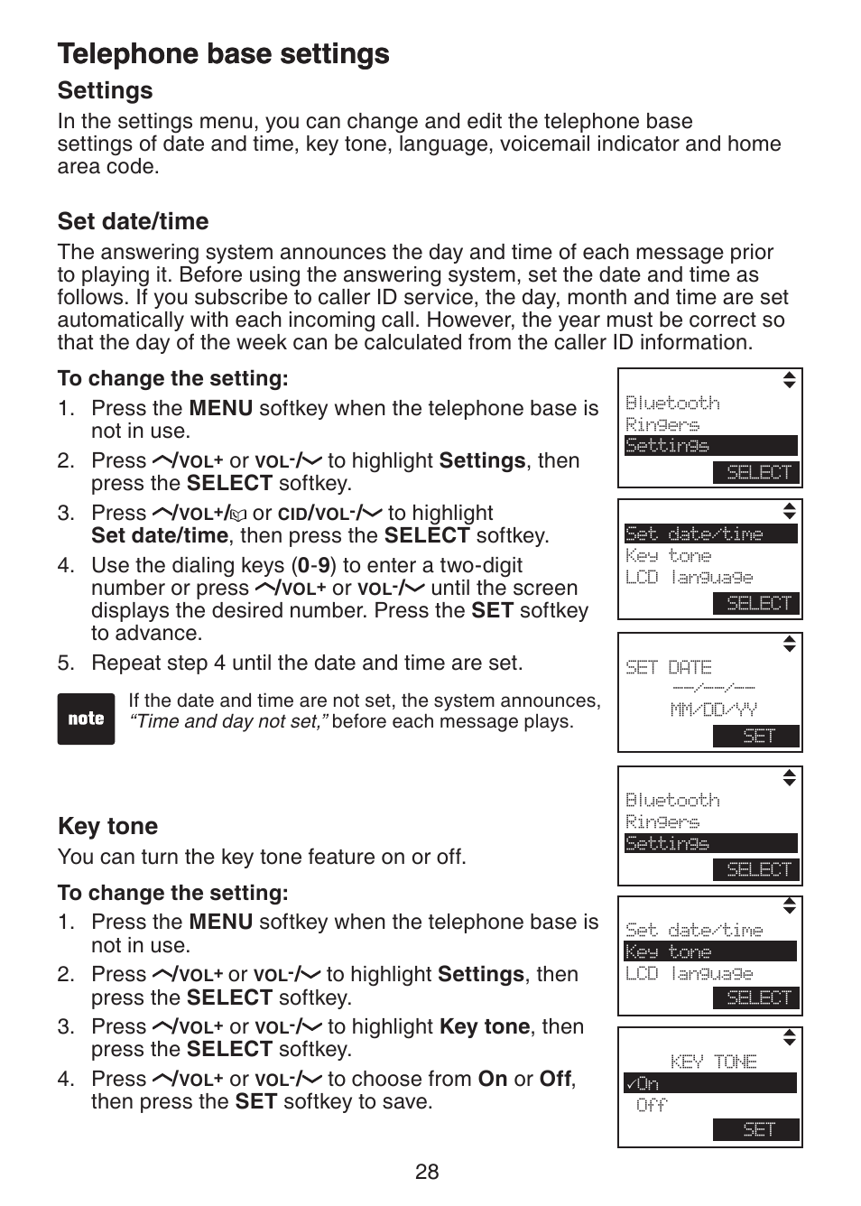 Telephone base settings settings, Set date/time, Key tone | Telephone base settings, Settings | VTech LS6245 User Manual | Page 32 / 104