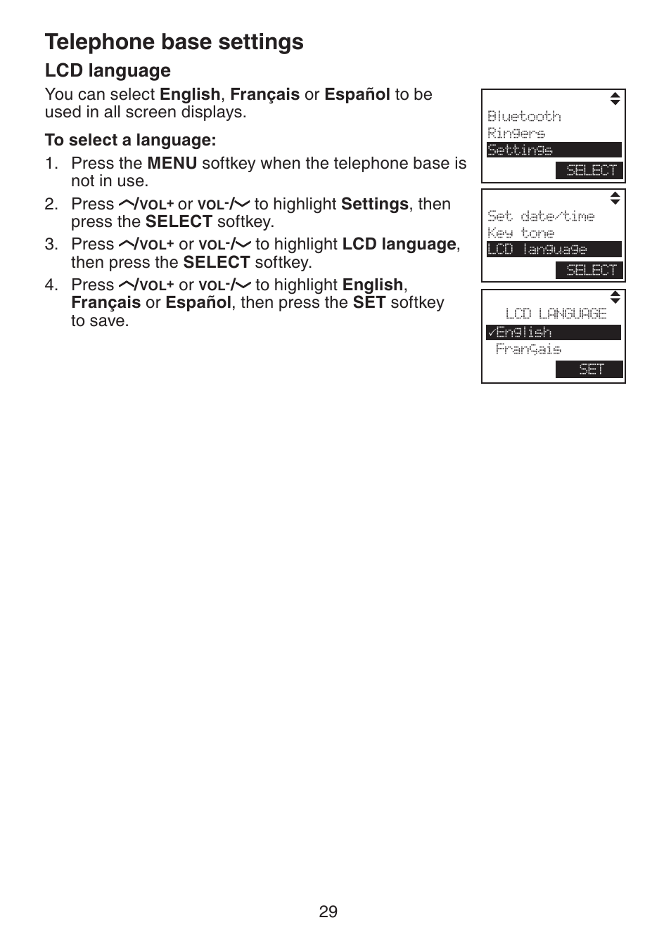 Lcd language, Telephone base settings | VTech LS6245 User Manual | Page 33 / 104