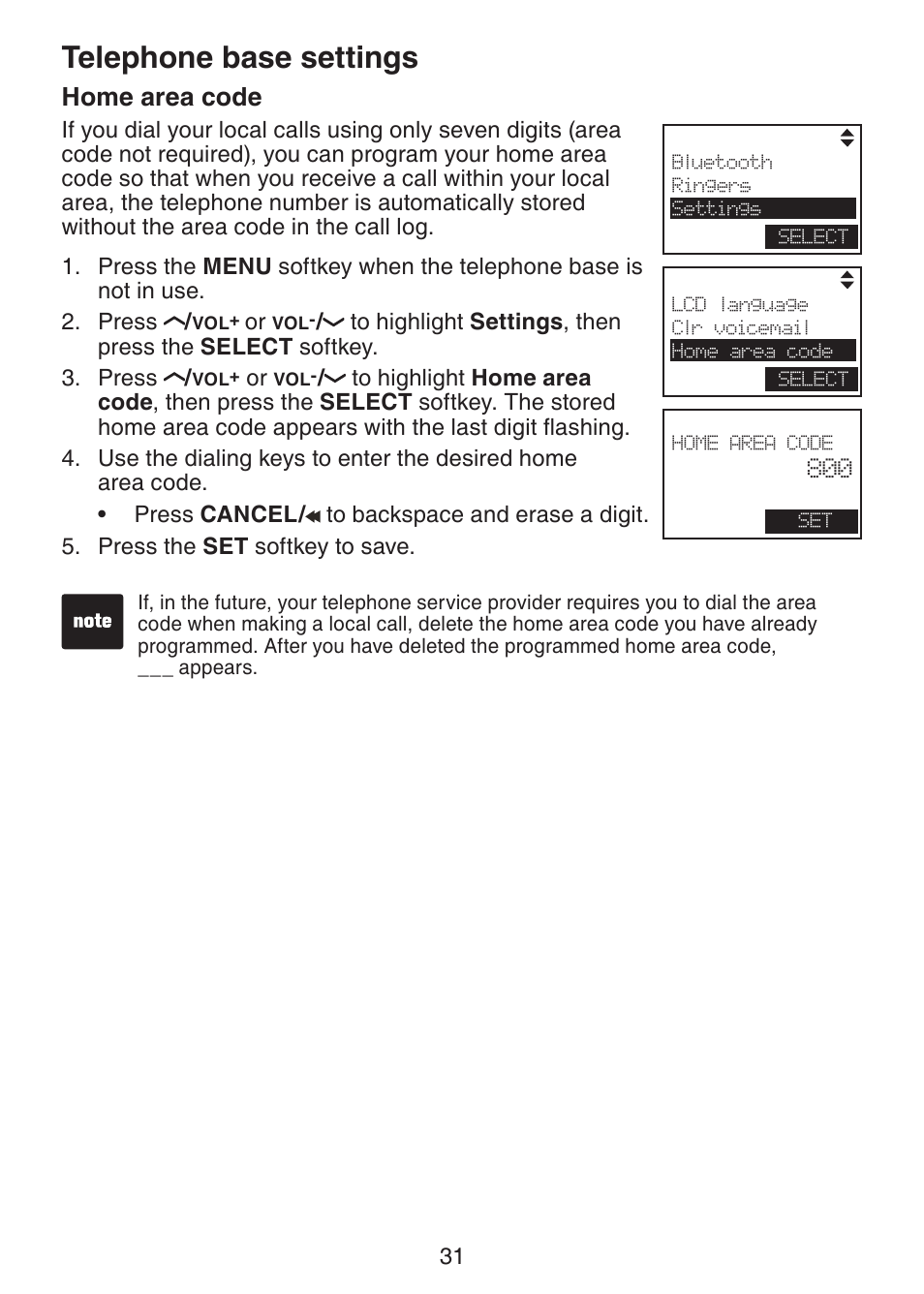 Home area code, Telephone base settings | VTech LS6245 User Manual | Page 35 / 104