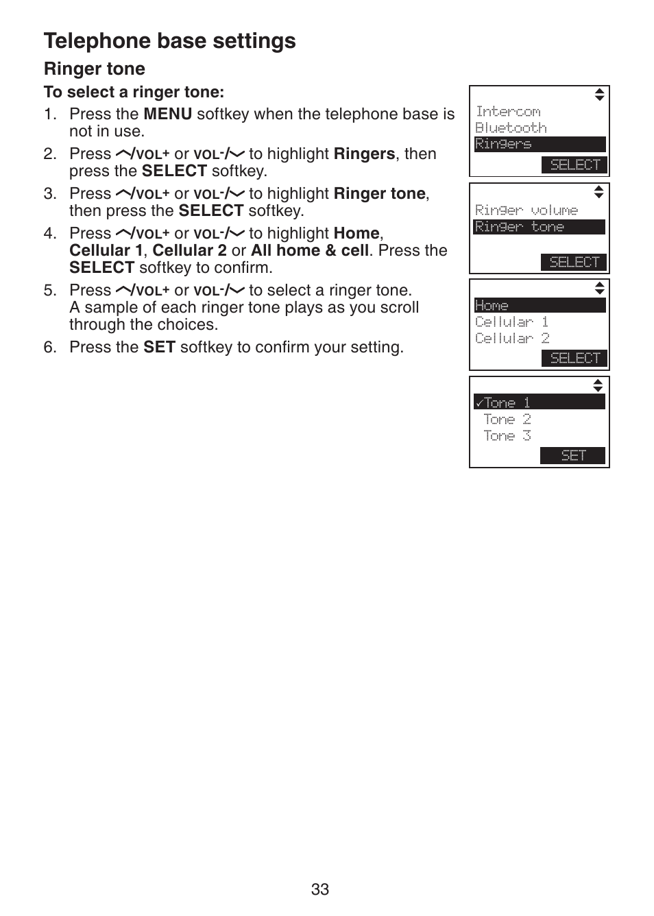 Ringer tone, Telephone base settings | VTech LS6245 User Manual | Page 37 / 104