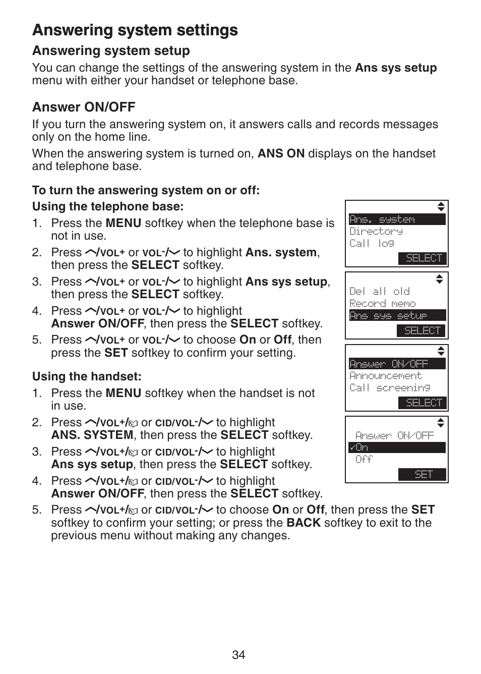 Answering system settings answering system setup, Answer on/off, Answering system settings | Answering system setup | VTech LS6245 User Manual | Page 38 / 104