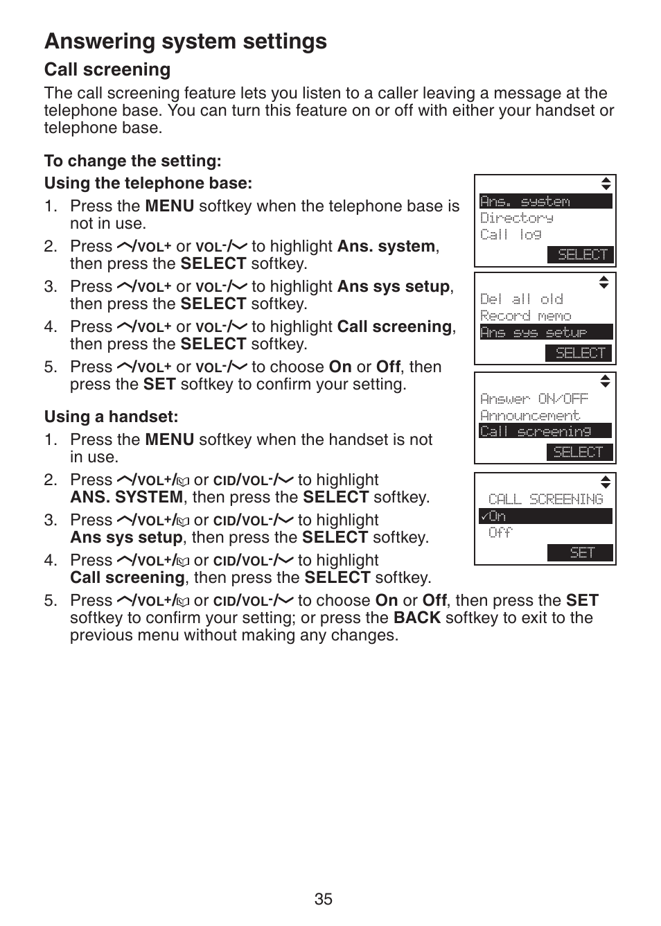 Call screening, Answering system settings | VTech LS6245 User Manual | Page 39 / 104