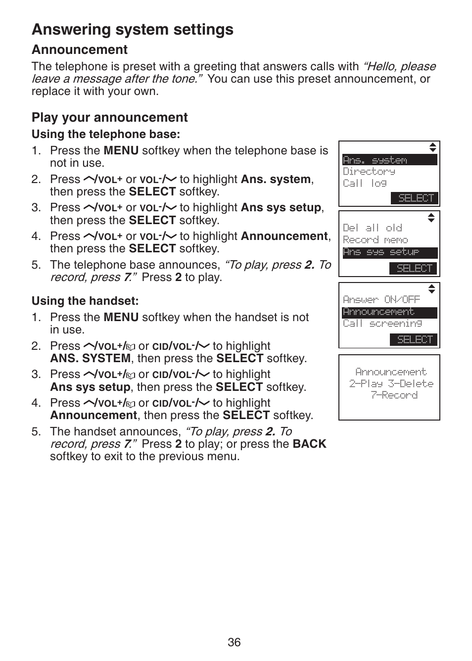 Announcement, Play your announcement, Answering system settings | VTech LS6245 User Manual | Page 40 / 104