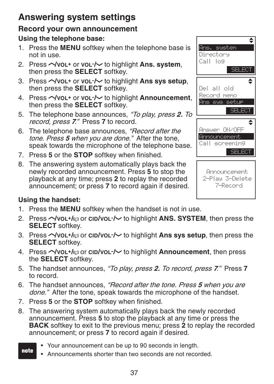 Record your, Own announcement, Answering system settings | Record your own announcement | VTech LS6245 User Manual | Page 41 / 104