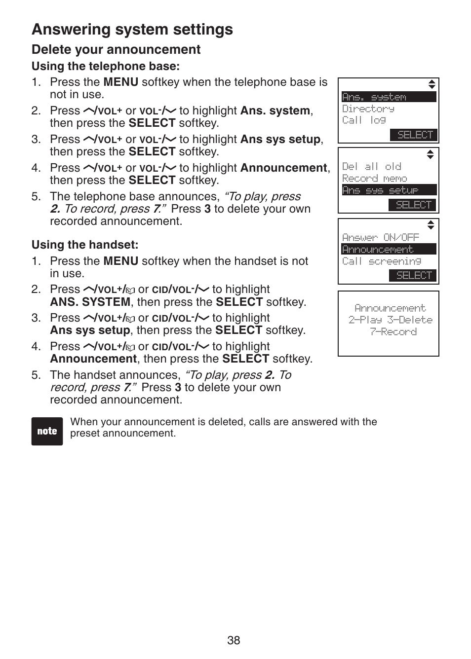 Delete your announcement, Answering system settings | VTech LS6245 User Manual | Page 42 / 104