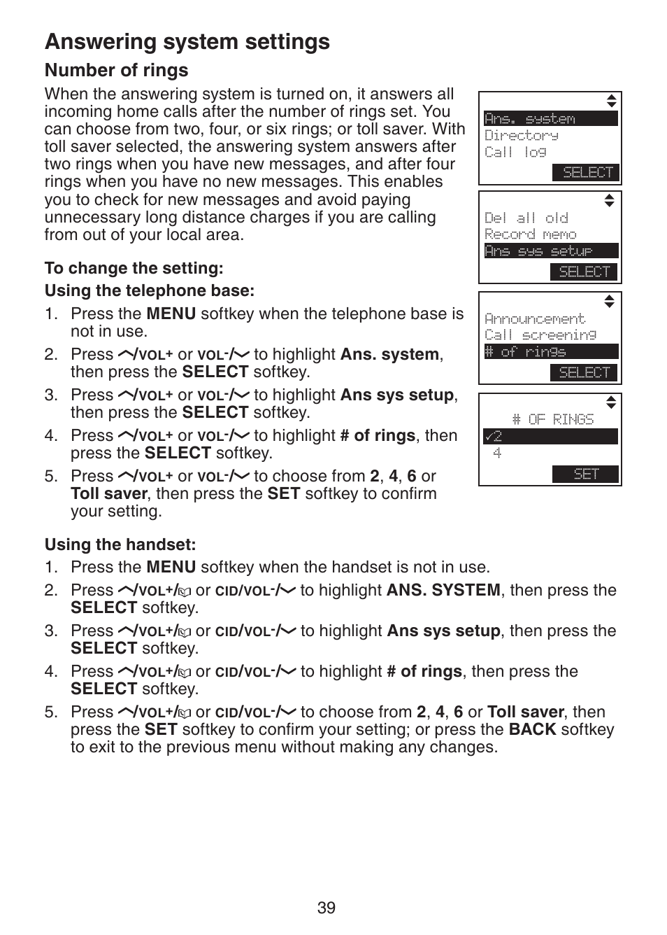 Number of rings, Answering system settings | VTech LS6245 User Manual | Page 43 / 104