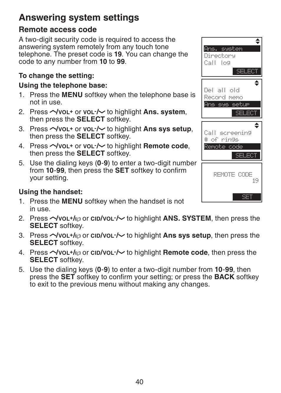 Remote access code, Answering system settings | VTech LS6245 User Manual | Page 44 / 104