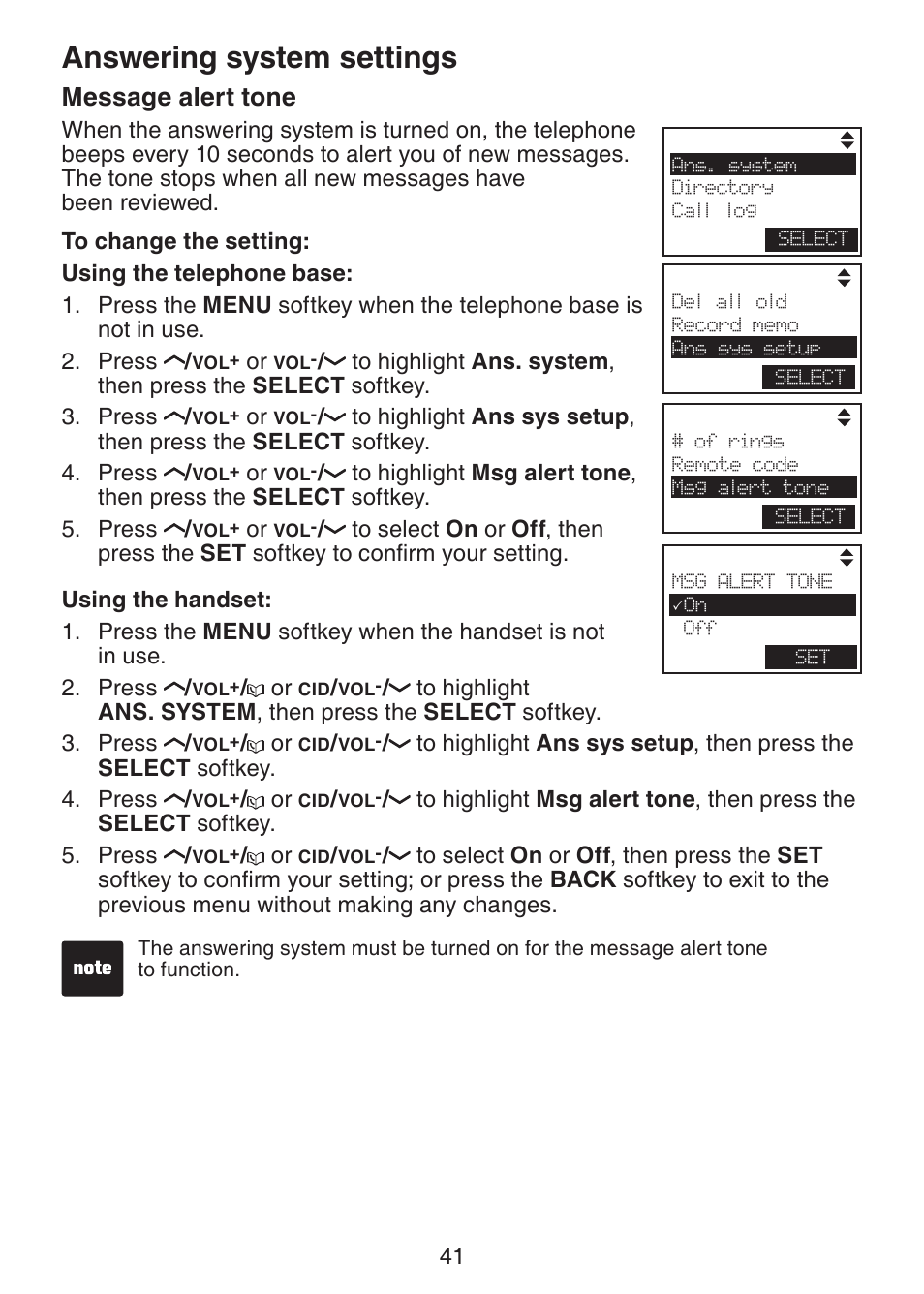 Message alert tone, Answering system settings | VTech LS6245 User Manual | Page 45 / 104