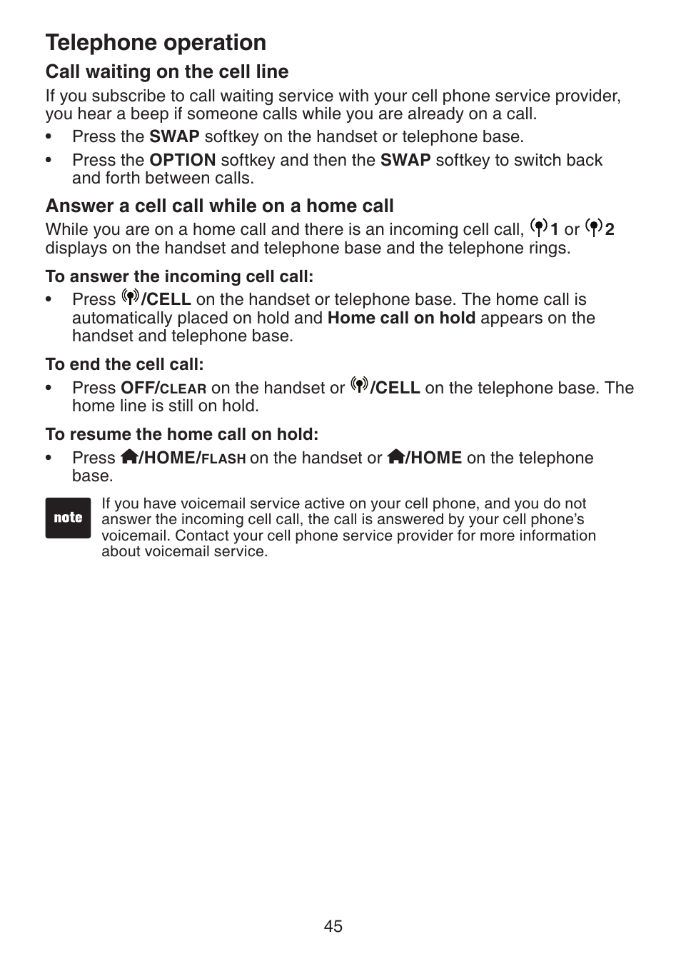 Call waiting on the cell line, Answer a cell call while on a, Home call | Telephone operation | VTech LS6245 User Manual | Page 49 / 104