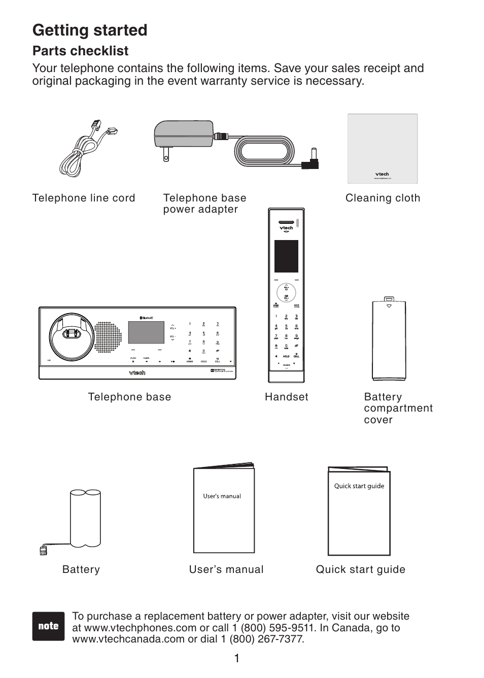 Getting started parts checklist, Getting started, Parts checklist | VTech LS6245 User Manual | Page 5 / 104