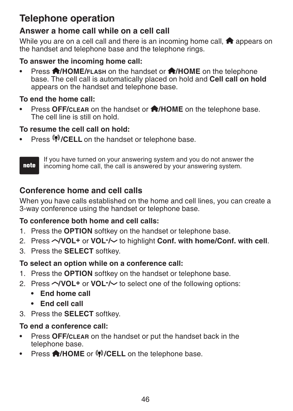 Answer a home call while on a, Cell call, Conference home and | Cell calls, Telephone operation | VTech LS6245 User Manual | Page 50 / 104