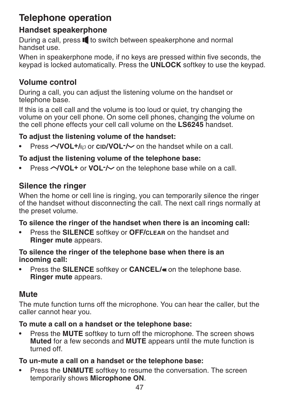 Handset speakerphone, Volume control, Silence the ringer | Mute, Telephone operation | VTech LS6245 User Manual | Page 51 / 104