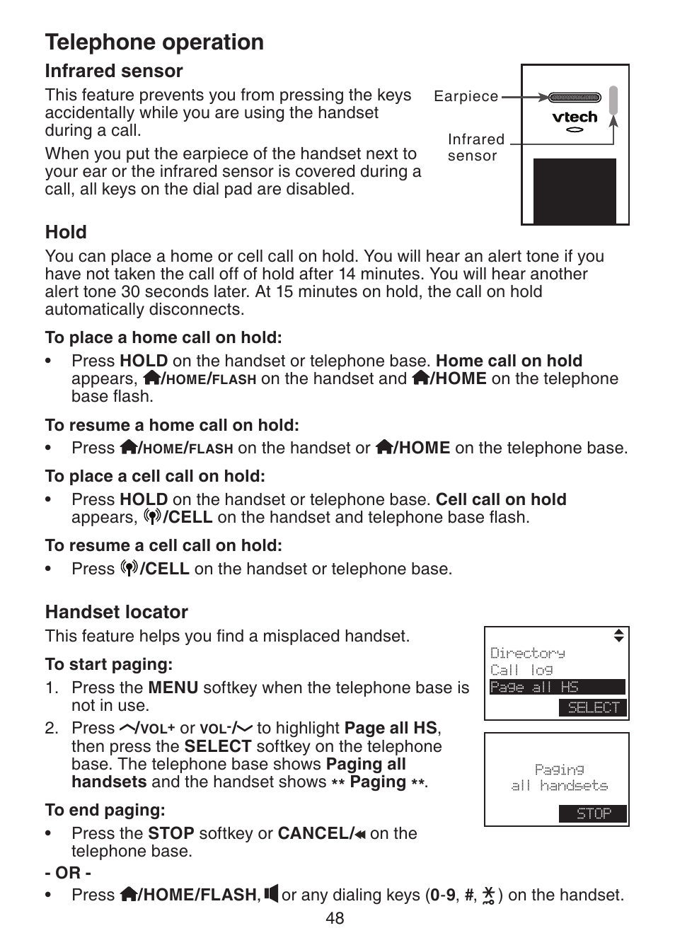 Infrared sensor, Hold, Handset locator | Telephone operation | VTech LS6245 User Manual | Page 52 / 104