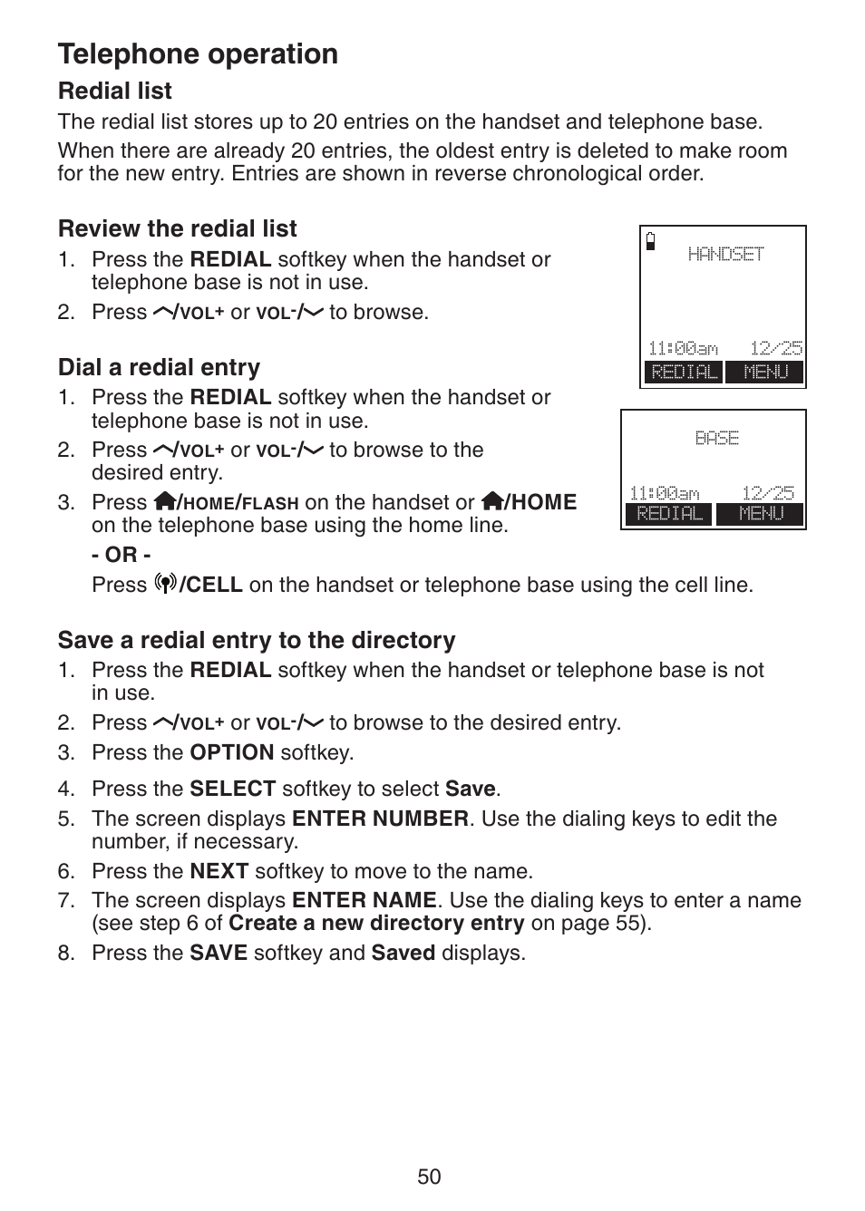 Redial list, Review the redial list, Dial a redial entry | Save a redial entry to, The directory, Telephone operation, Save a redial entry to the directory | VTech LS6245 User Manual | Page 54 / 104