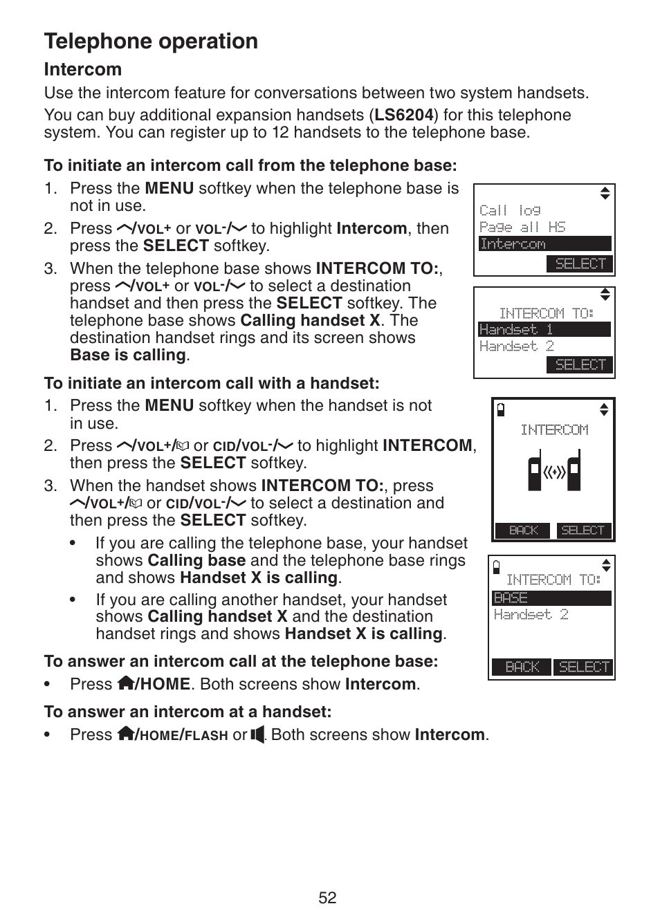 Intercom, Telephone operation | VTech LS6245 User Manual | Page 56 / 104