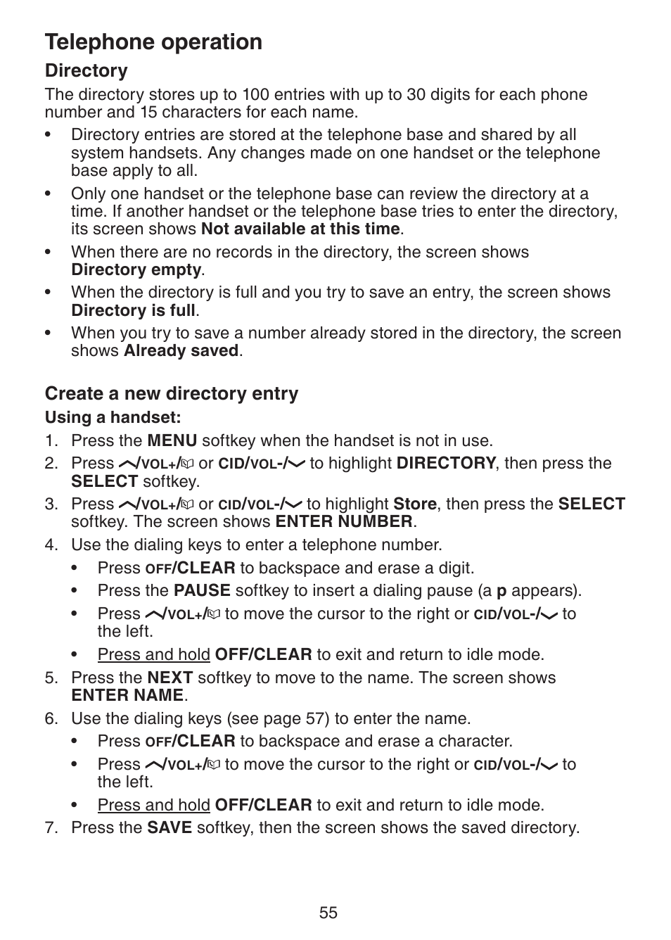 Directory, Create a new directory entry, Telephone operation | VTech LS6245 User Manual | Page 59 / 104