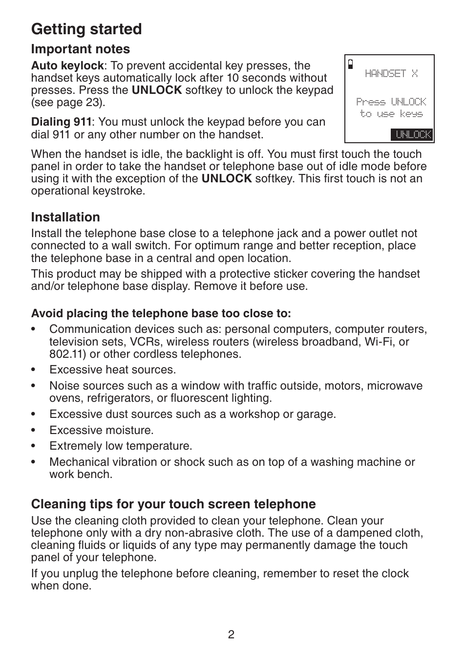 Installation, Cleaning tips for your touch, Screen telephone | Getting started, Cleaning tips for your touch screen telephone | VTech LS6245 User Manual | Page 6 / 104