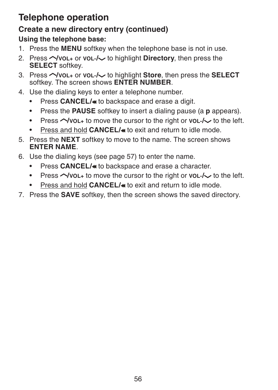 Telephone operation, Create a new directory entry (continued) | VTech LS6245 User Manual | Page 60 / 104