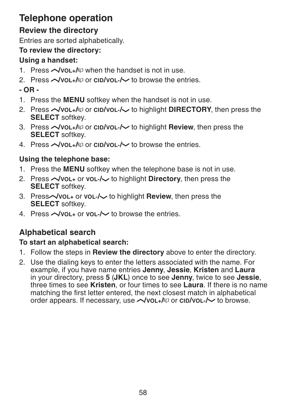 Review the directory, Alphabetical search, Telephone operation | VTech LS6245 User Manual | Page 62 / 104