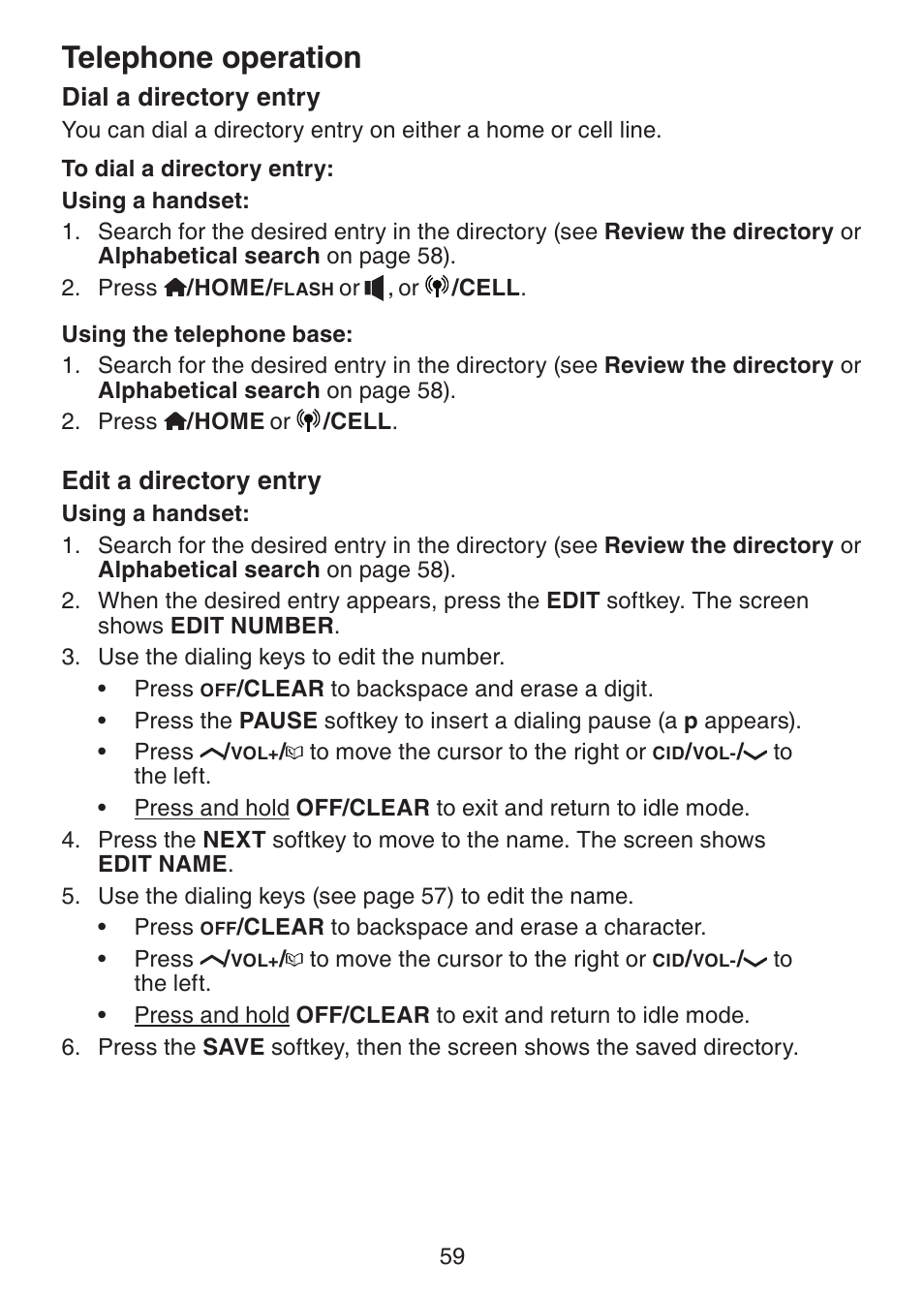 Dial a directory entry, Edit a directory entry, Telephone operation | VTech LS6245 User Manual | Page 63 / 104