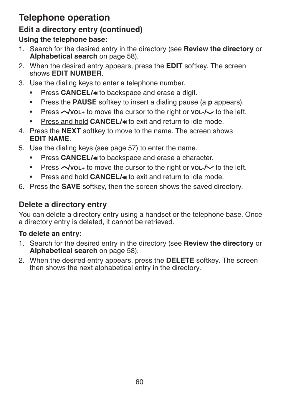 Delete a directory entry, Telephone operation | VTech LS6245 User Manual | Page 64 / 104