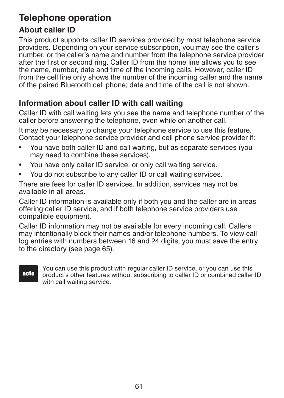 About caller id, Telephone operation | VTech LS6245 User Manual | Page 65 / 104