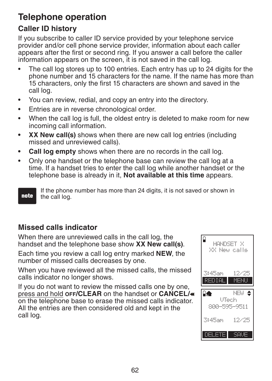 Caller id history, Missed calls indicator, Telephone operation | VTech LS6245 User Manual | Page 66 / 104