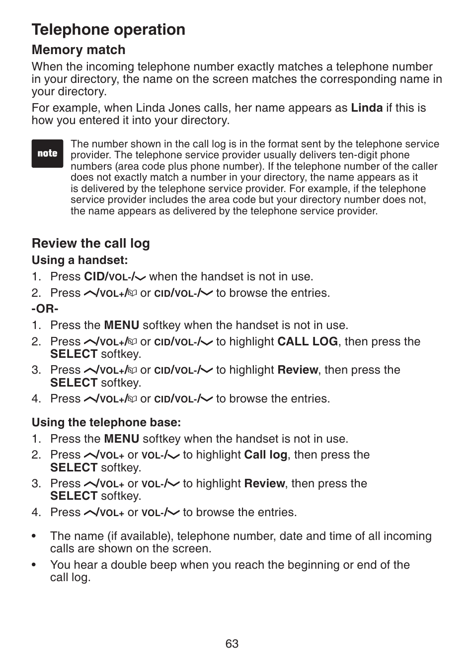 Memory match, Review the call log, Telephone operation | VTech LS6245 User Manual | Page 67 / 104