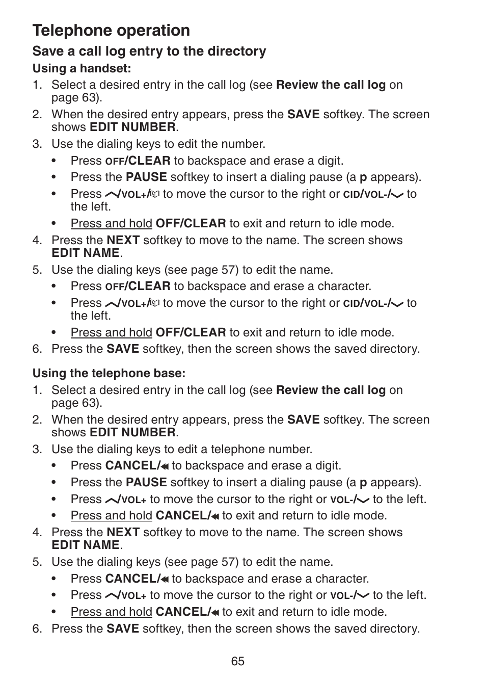 Save a call log entry to, The directory, Telephone operation | Save a call log entry to the directory | VTech LS6245 User Manual | Page 69 / 104