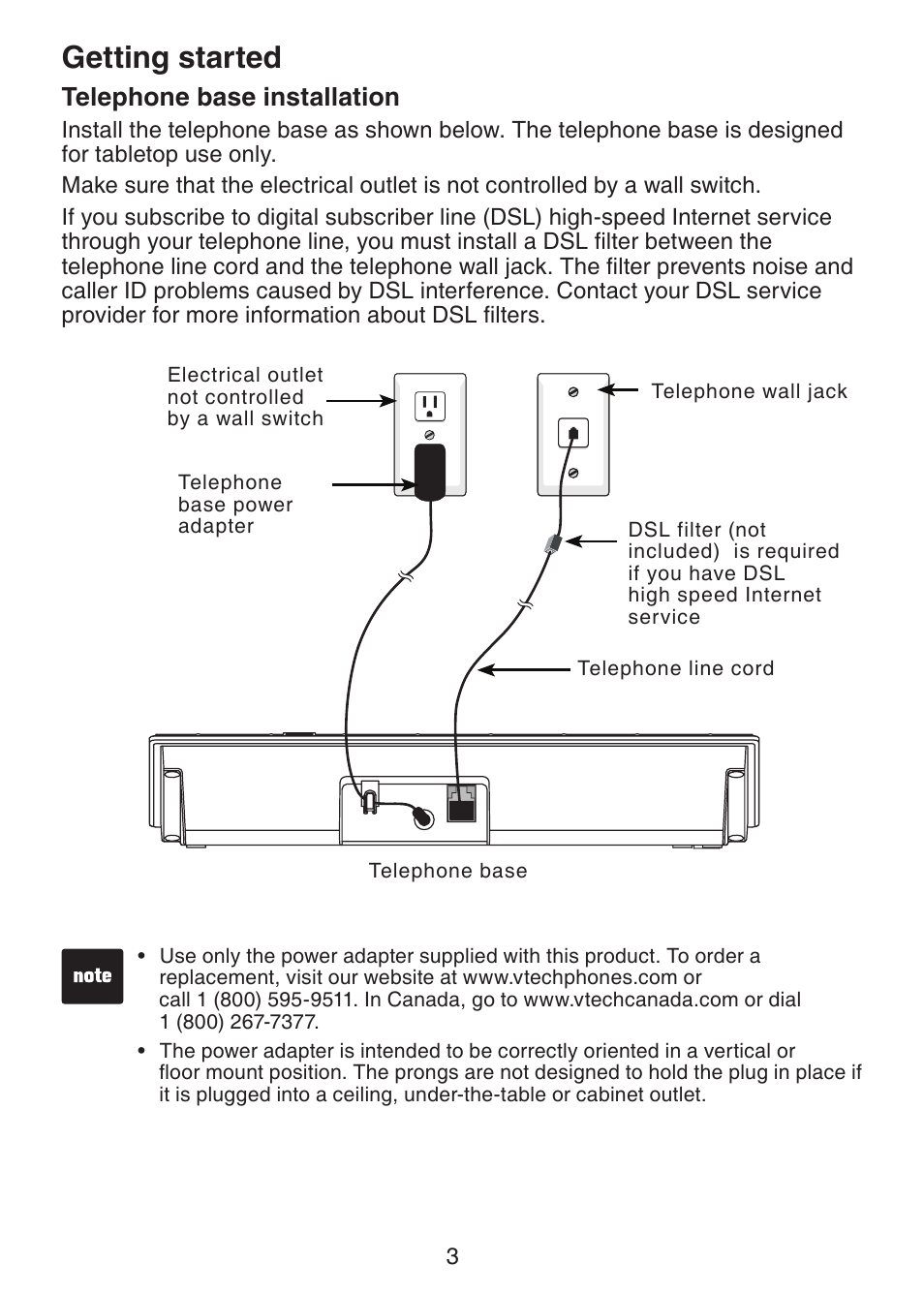 Telephone base installation, Getting started | VTech LS6245 User Manual | Page 7 / 104