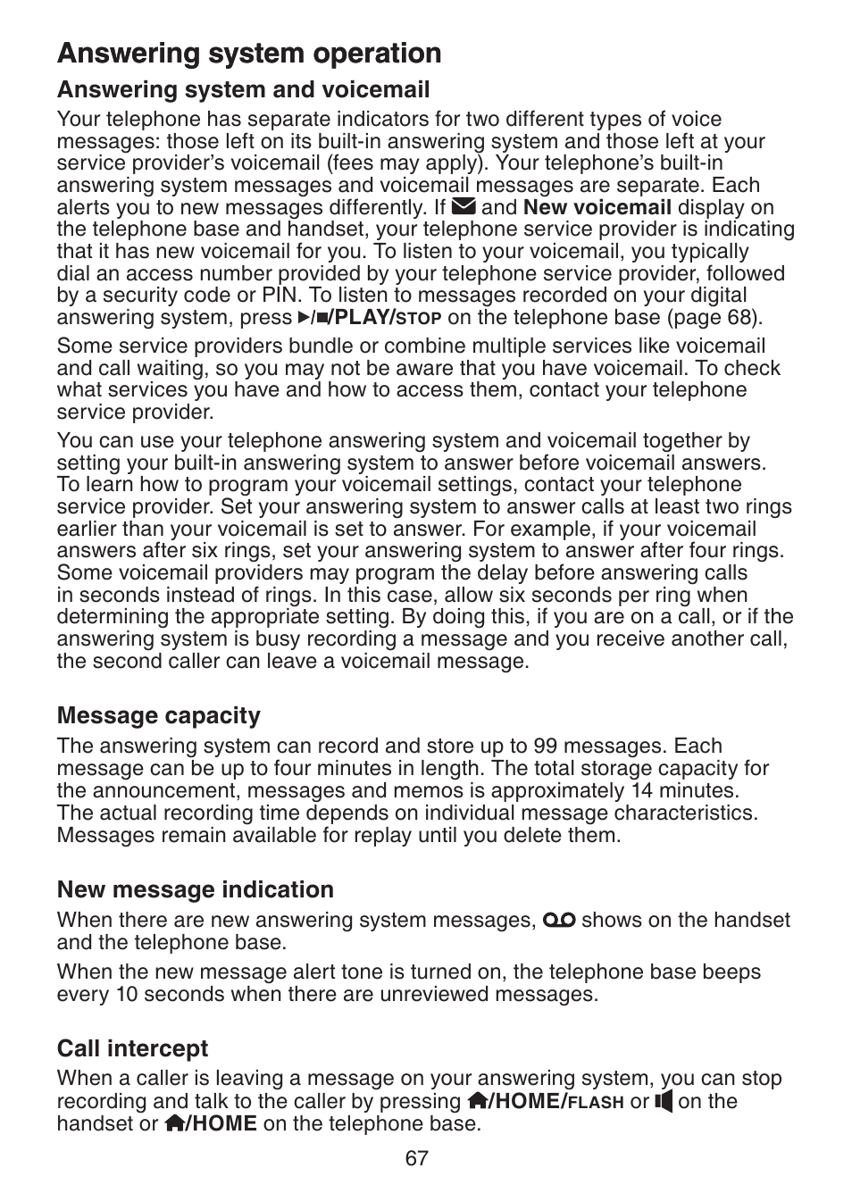 Answering system operation answering system, And voicemail, Message capacity | New message indication, Call intercept, Answering system operation | VTech LS6245 User Manual | Page 71 / 104