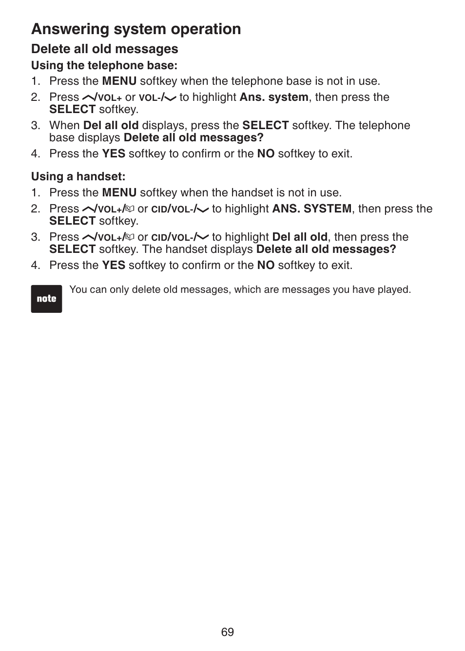 Delete all old messages, Answering system operation | VTech LS6245 User Manual | Page 73 / 104