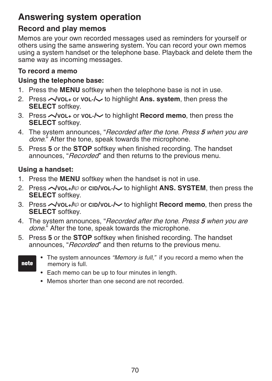 Record and play memos, Answering system operation | VTech LS6245 User Manual | Page 74 / 104